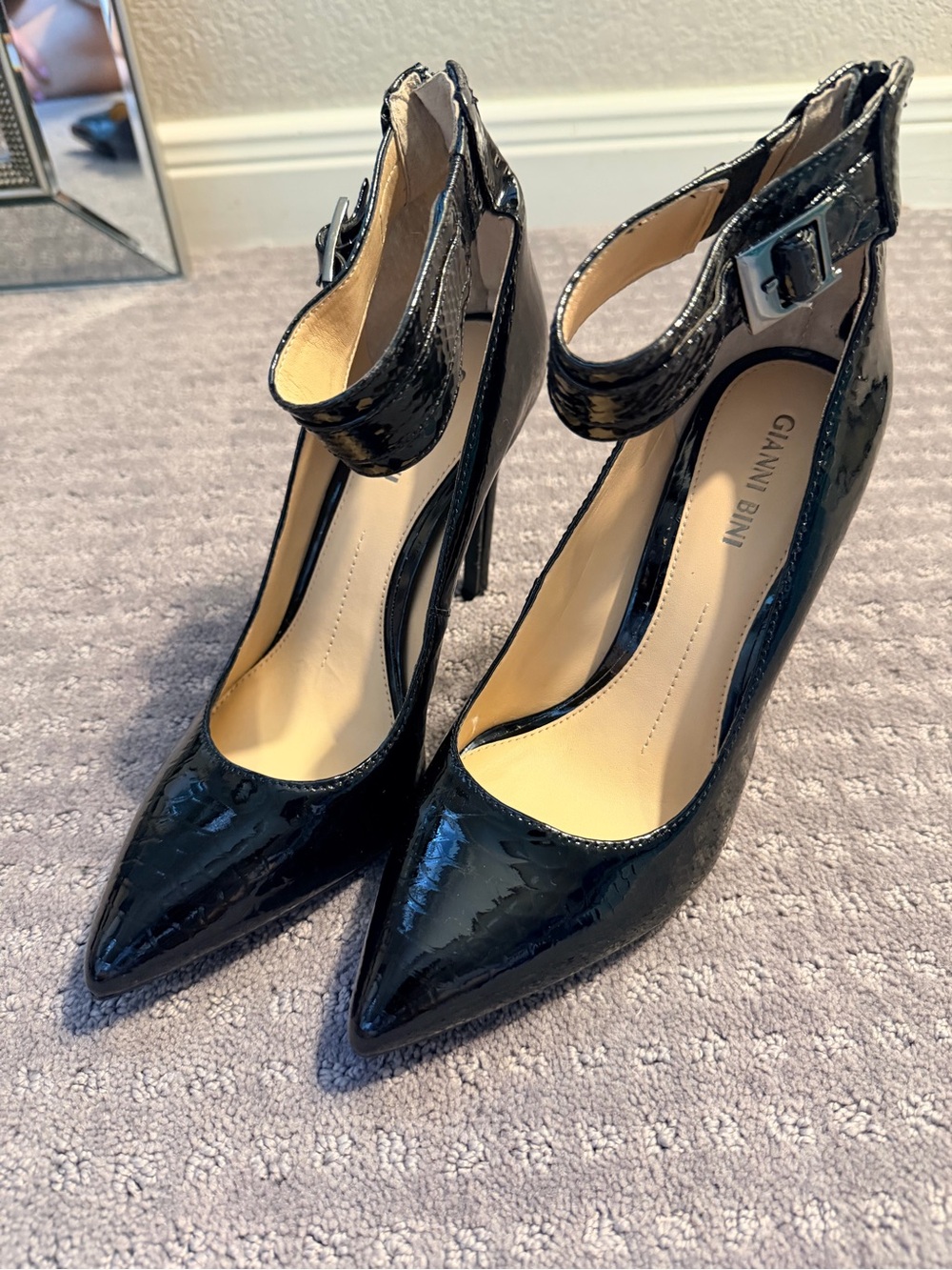 Gianni Bini Black Patent Pointed-Toe Ankle-Strap Stilettos